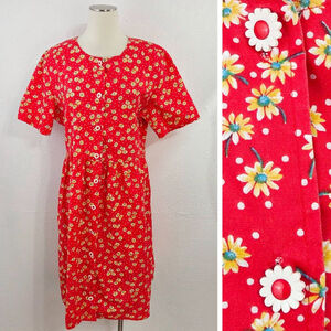 Vintage 90s red floral daisy shirt dress short sleeves retro women's size large